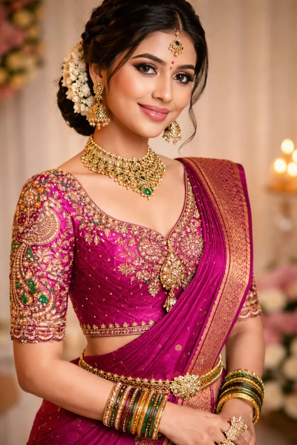 Deep back neck bridal blouse with heavy Aari embroidery and tassels