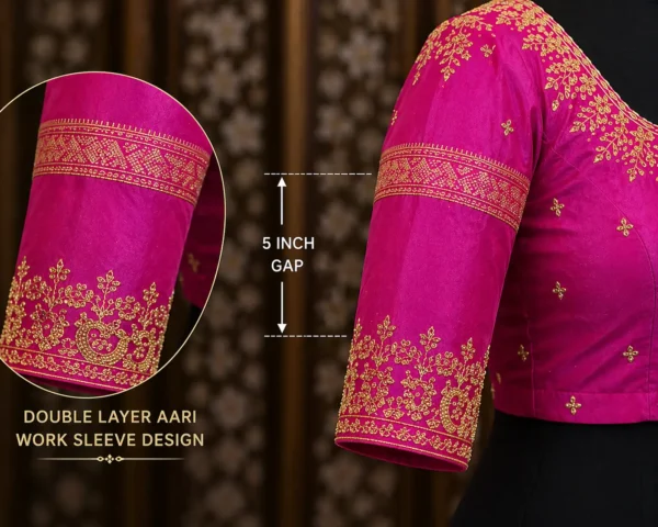 Sleeve design for bridal Aari blouse with double layer embroidery and 5 inch gap maggam work design