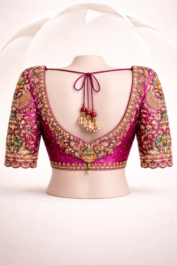 Deep back neck bridal blouse with heavy Aari embroidery and tassels