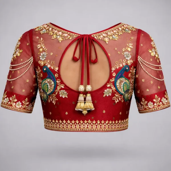 Bridal blouse back design with dori and maggam work peacock embroidery