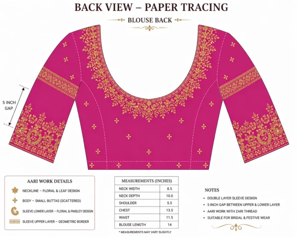 Back paper tracing for bridal Aari blouse with double layer embroidery and 5 inch gap maggam work design