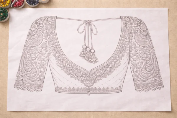 Back neck Aari blouse tracing design with tassels pattern