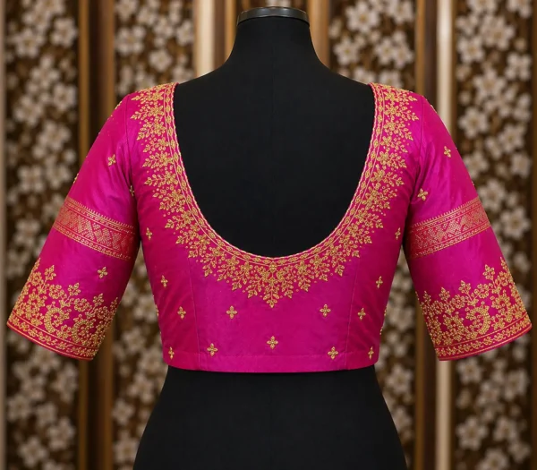 Back design for bridal Aari blouse with double layer embroidery and 5 inch gap maggam work design
