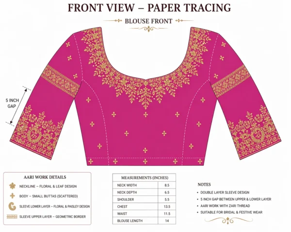 front paper tracing for bridal Aari blouse with double layer embroidery and 5 inch gap maggam work design