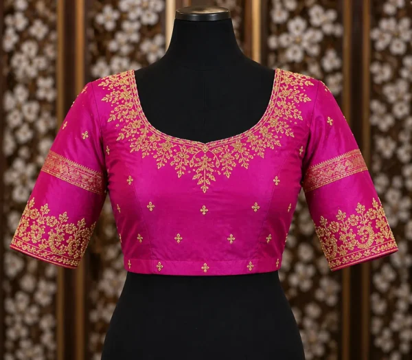 Front design for bridal Aari blouse with double layer embroidery and 5 inch gap maggam work design