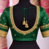 Aari blouse back design with deep neck and tassels
