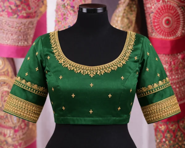 Green bridal Aari blouse front design with chamki work