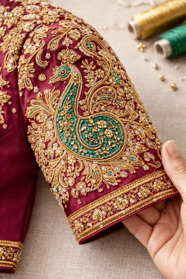 Sleeve design with peacock Aari embroidery