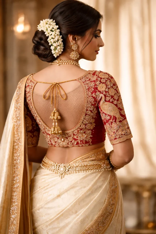 Bridal blouse with saree net design with Aari work and tassels