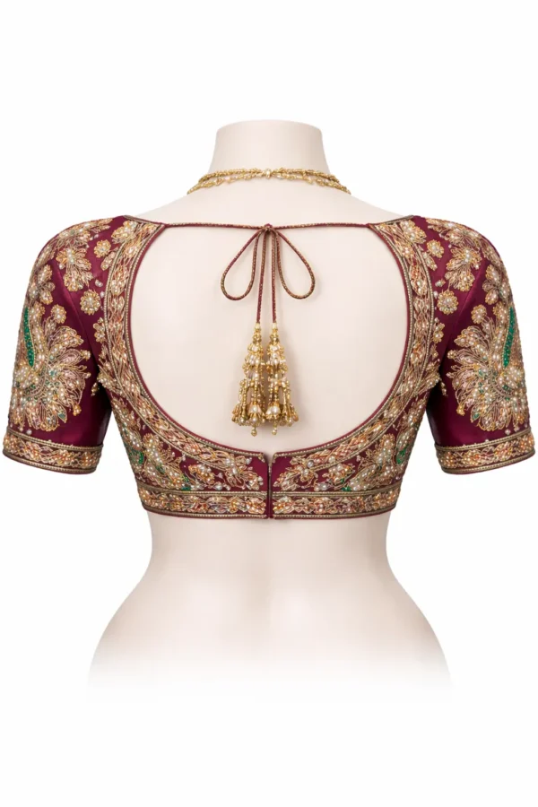 Back side bridal blouse with maggam work and tassels