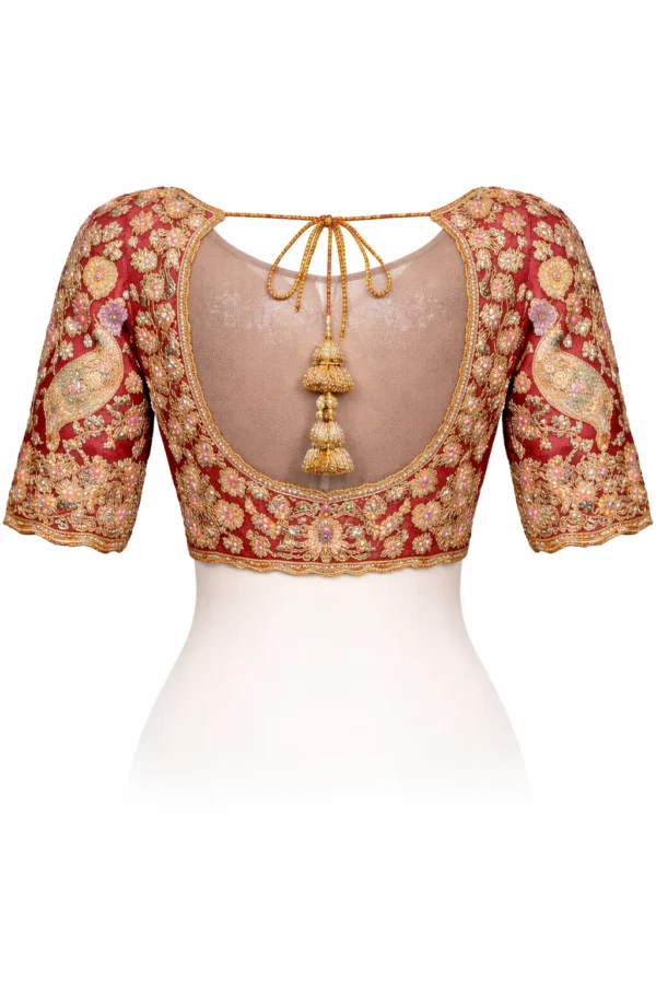 Bridal blouse back net design with Aari work and tassels