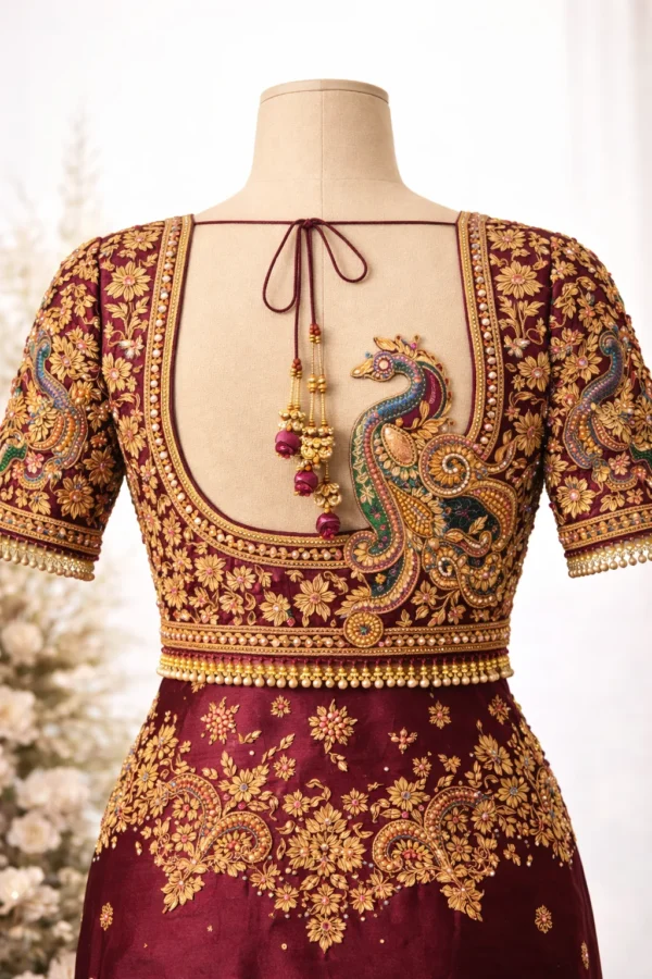 Heavy maggam work blouse back design with tassels