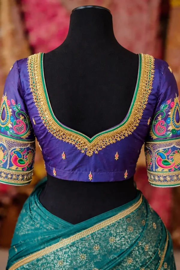 Bridal blouse back neck design Aari work with peacock embroidery