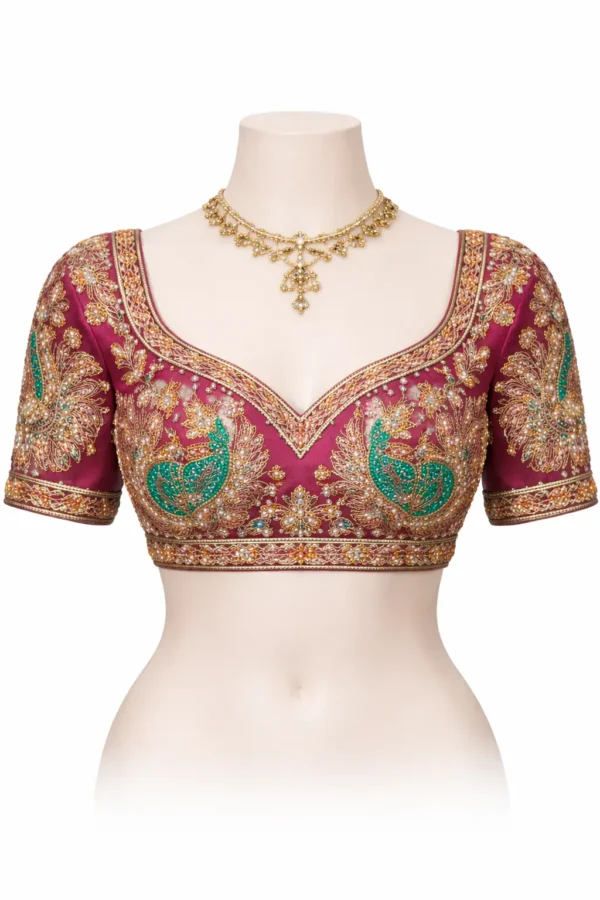 Bridal Aari blouse front design with peacock embroidery