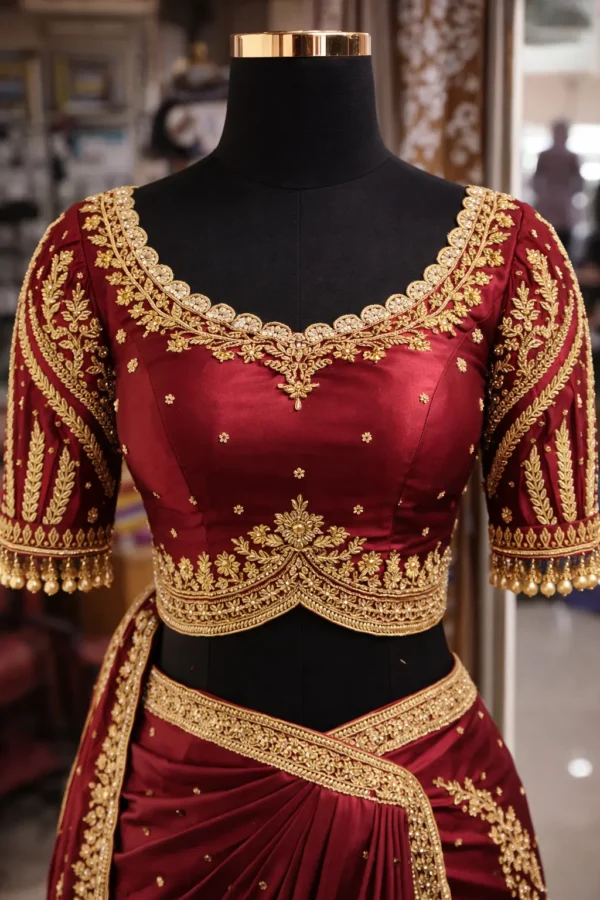 Bridal Aari blouse front design maroon zardosi work