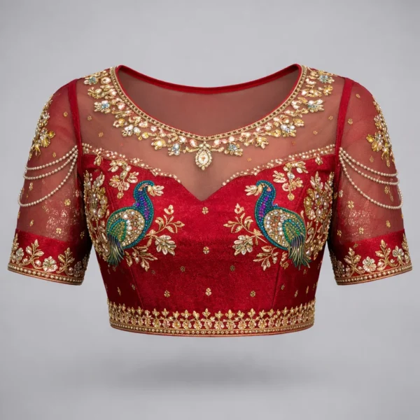 Modern bridal Aari blouse design with peacock embroidery front view