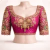 Bridal magenta Aari work blouse front design with peacock maggam embroidery