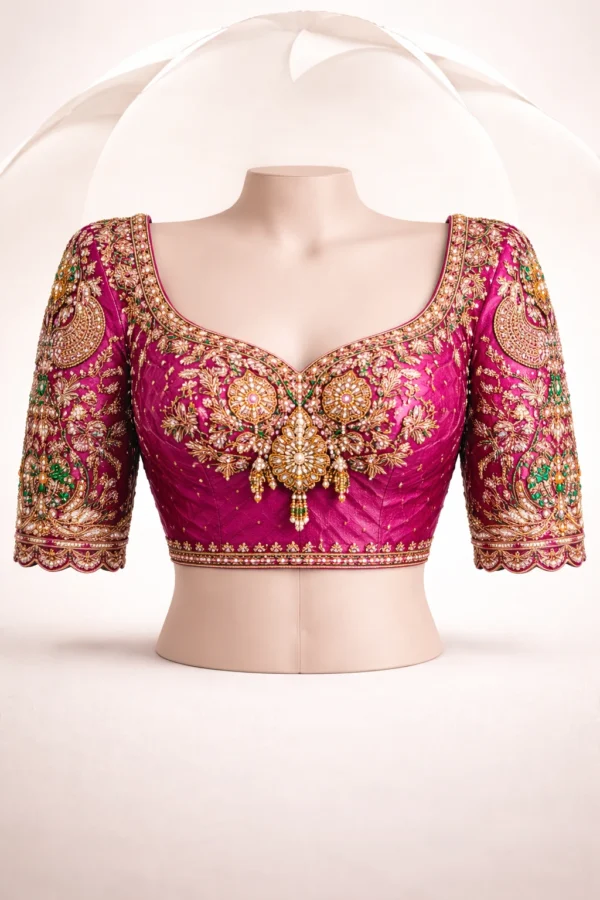 Bridal magenta Aari work blouse front design with peacock maggam embroidery