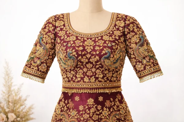 Bridal Aari blouse front view with peacock embroidery