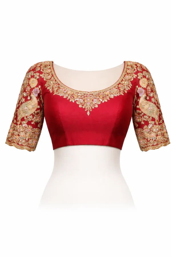 Bridal Aari blouse front design with peacock embroidery