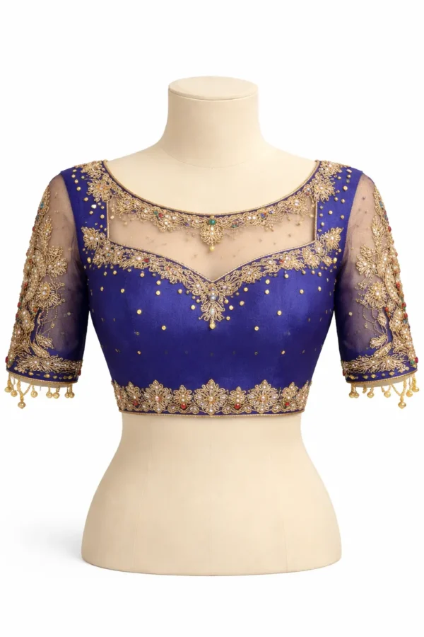 Bridal Aari blouse front design with peacock embroidery