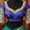 Bridal Aari blouse front view royal blue with Zardosi neckline