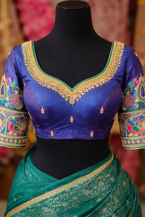 Bridal Aari blouse front view royal blue with Zardosi neckline