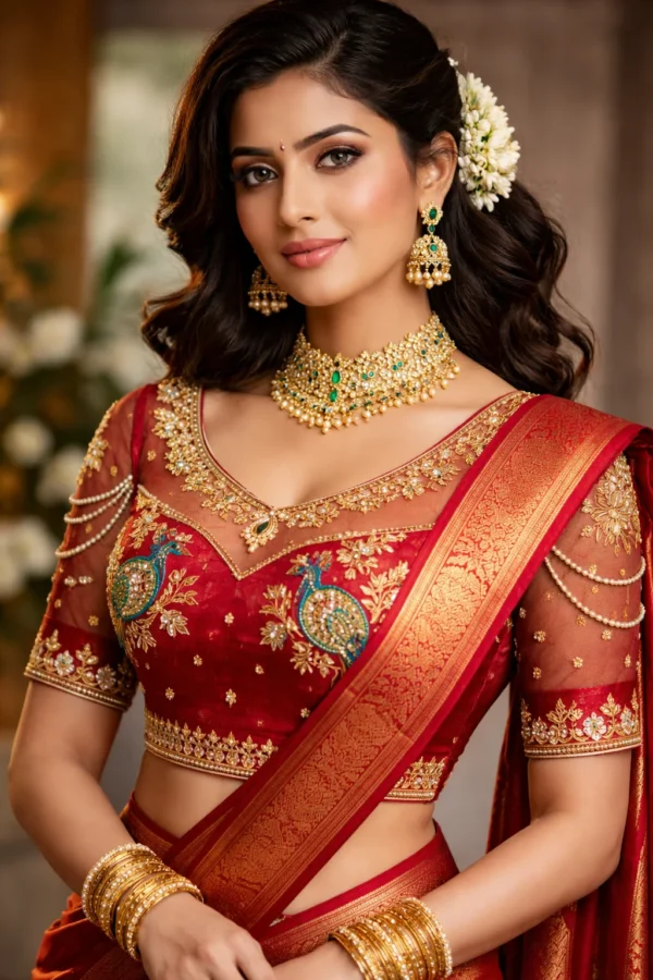 Bridal blouse back design with dori and maggam work peacock embroidery with saree