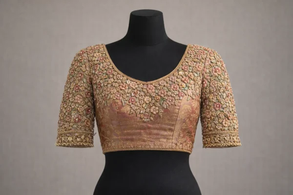 Bridal Aari Work Blouse Front View with Floral Embroidery