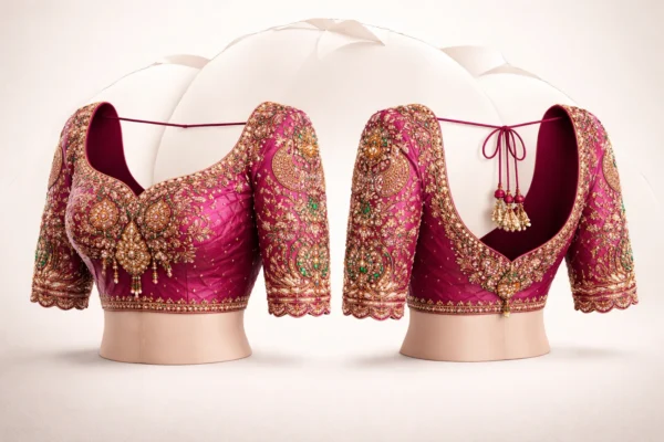 360 view of bridal Aari blouse with full maggam work detailing