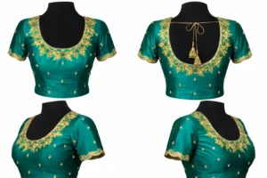 360 view of emerald green bridal Aari blouse with full embroidery details