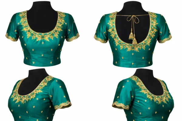 360 view of emerald green bridal Aari blouse with full embroidery details
