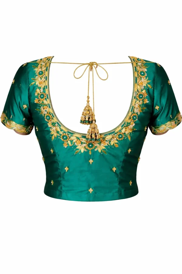 Designer bridal Aari blouse back design with tassels and heavy embroidery