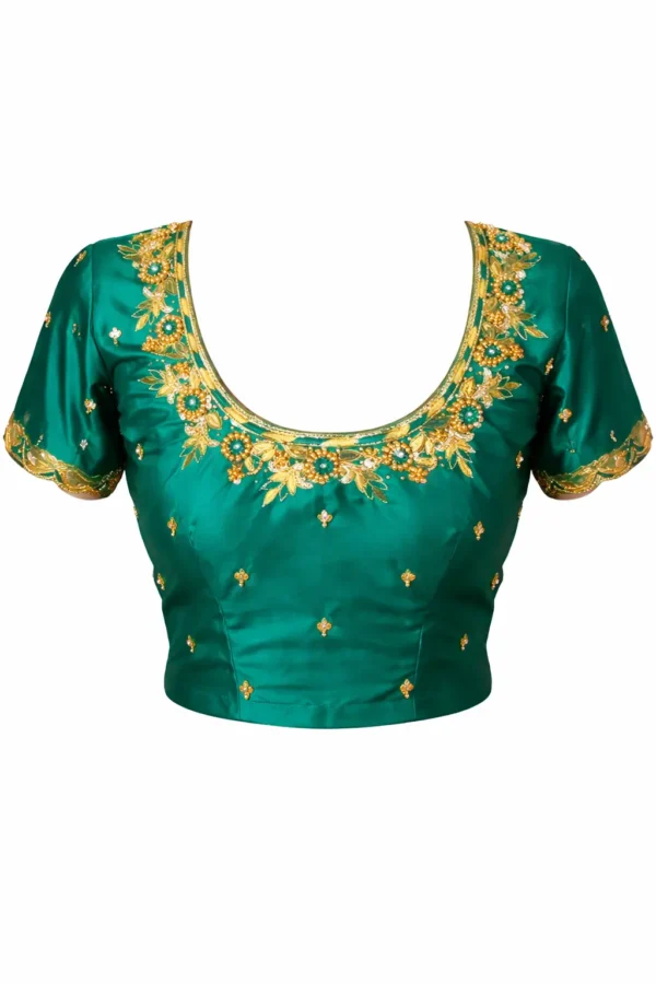 Emerald green bridal Aari blouse front design with Zardosi and Maggam work embroidery