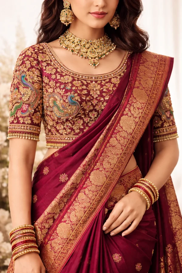 Bridal Aari blouse saree view with peacock embroidery