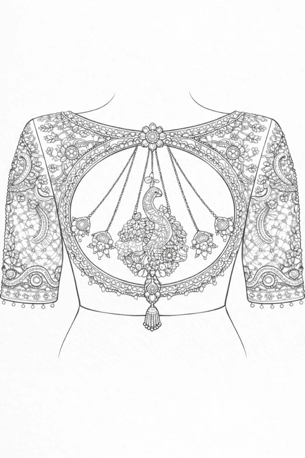 Aari Design Near Me Bridal Blouse India back view paper tracing