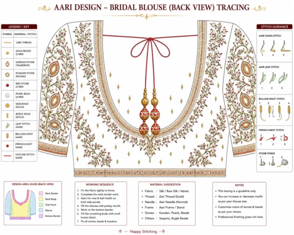 Luxury red bridal Aari embroidery blouse back view with heavy maggam work paper tracing
