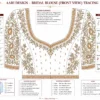 Luxury red bridal Aari embroidery blouse front view with heavy maggam work paper tracing