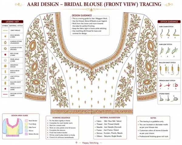 Luxury red bridal Aari embroidery blouse front view with heavy maggam work paper tracing