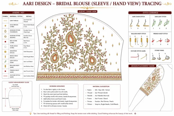 Luxury red bridal Aari embroidery blouse sleeve view with heavy maggam work paper tracing