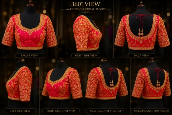 Luxury red bridal Aari embroidery blouse 360 view with heavy maggam work