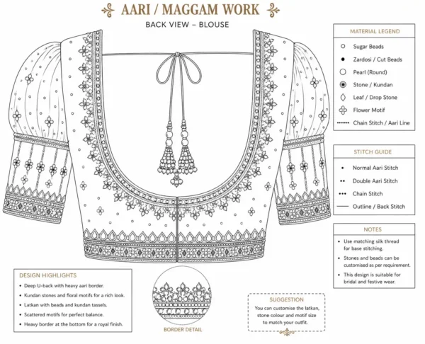Back neck paper tracing design for deep U bridal Aari blouse embroidery