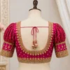 Luxury bridal Aari blouse front view with heavy puff sleeve Maggam work design