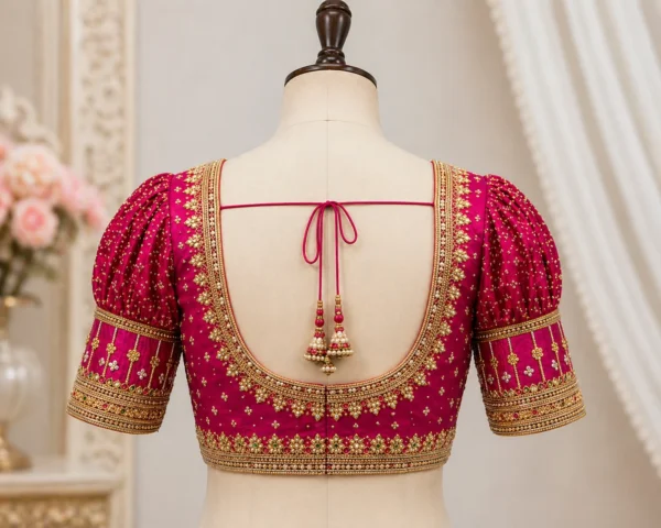 Luxury bridal Aari blouse front view with heavy puff sleeve Maggam work design