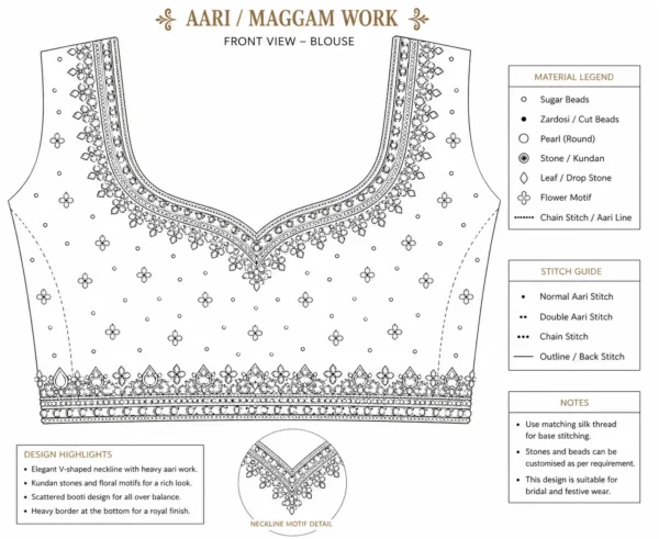 Front paper tracing design for bridal Aari blouse heavy Maggam work pattern