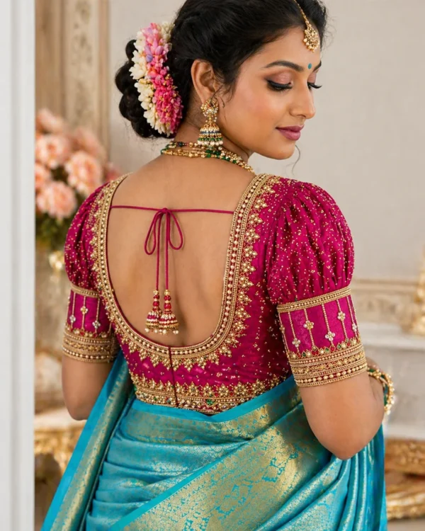 Luxury bridal Aari blouse with heavy puff sleeve Maggam work design