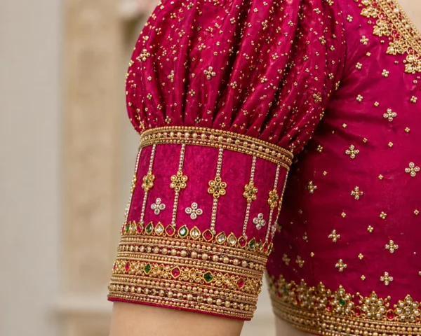 Heavy bridal blouse sleeve design with rich hand Aari embroidery and kundan work