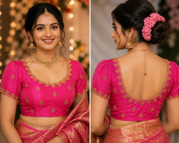 Pink bridal Aari work blouse with scalloped neckline