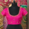 Pink bridal Aari work blouse front view with scalloped neckline