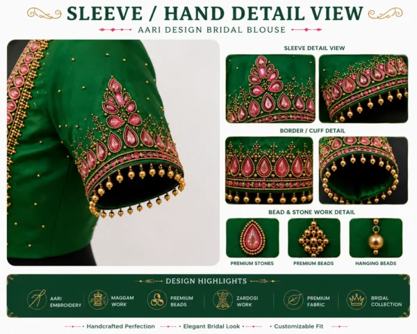 Heavy sleeve Maggam work bridal blouse hand embroidery detail